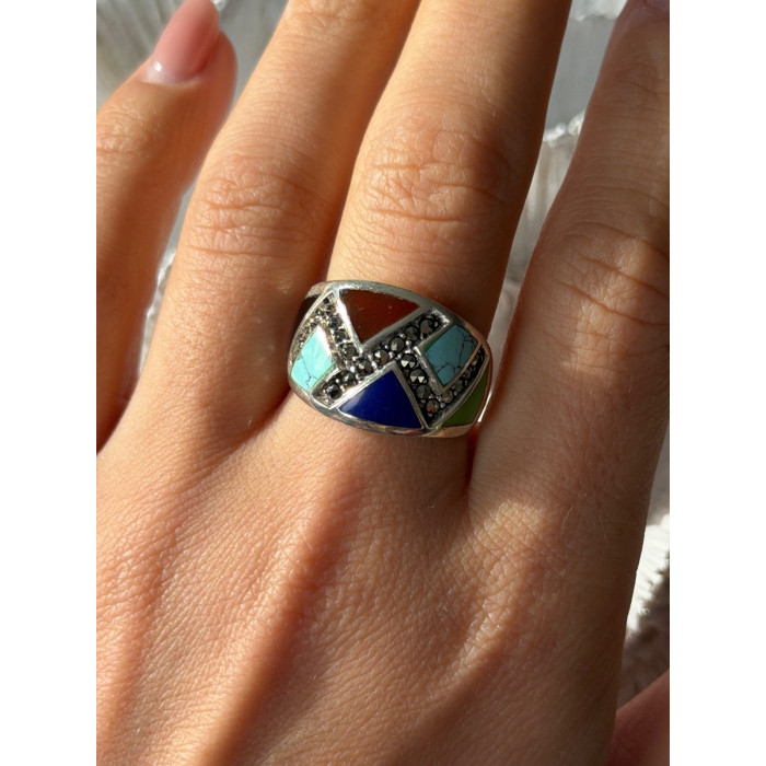 925 Sterling Silver Multi Color Stones Ring Size 8.5