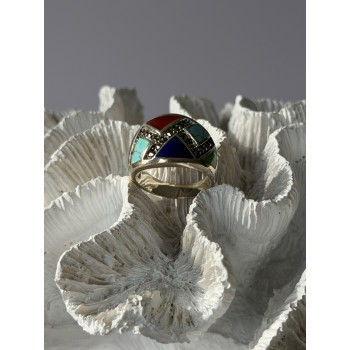 925 Sterling Silver Multi Color Stones Ring Size 8.5