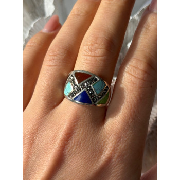 925 Sterling Silver Multi Color Stones Ring Size 8.5