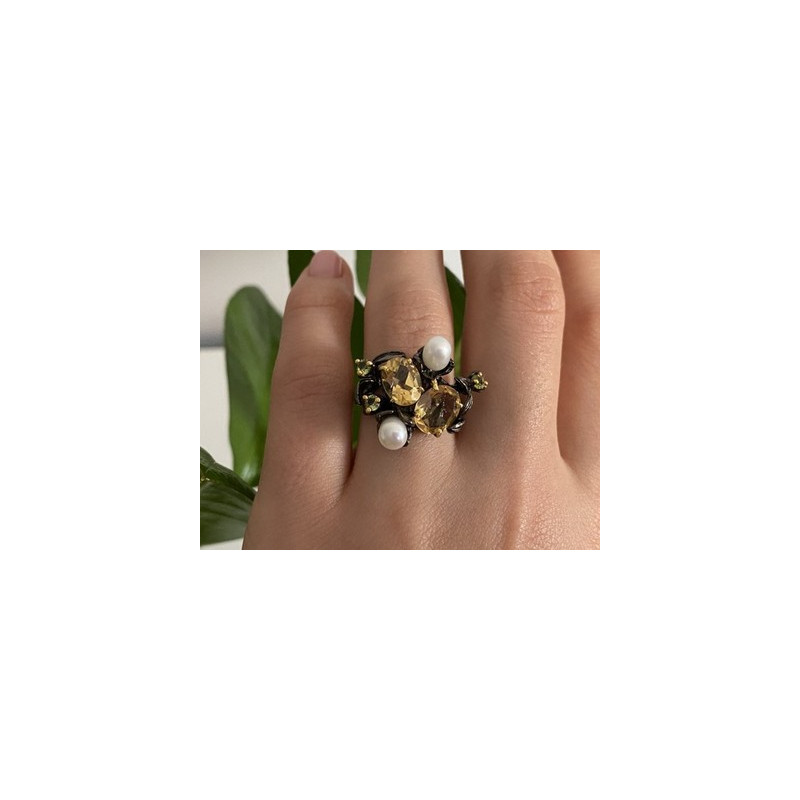 925 Sterling Blackened Silver Citrine, Peridot and Pearls Ring Size 7