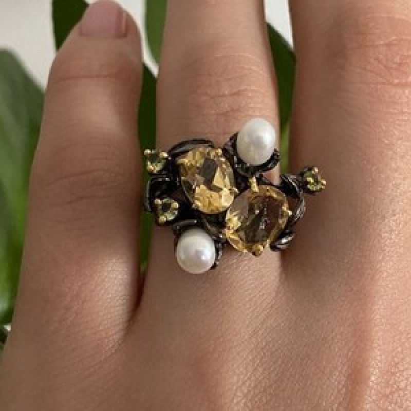 925 Sterling Blackened Silver Citrine, Peridot and Pearls Ring Size 7