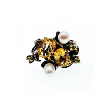 925 Sterling Blackened Silver Citrine, Peridot and Pearls Ring Size 7