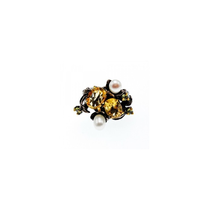 925 Sterling Blackened Silver Citrine, Peridot and Pearls Ring Size 7
