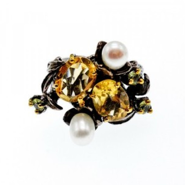 925 Sterling Blackened Silver Citrine, Peridot and Pearls Ring Size 7