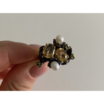 925 Sterling Blackened Silver Citrine, Peridot and Pearls Ring Size 7