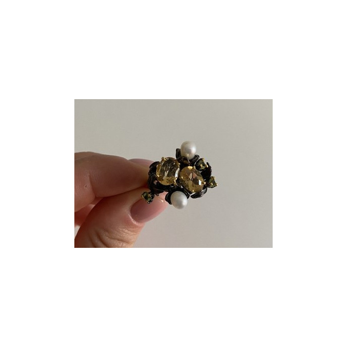 925 Sterling Blackened Silver Citrine, Peridot and Pearls Ring Size 7