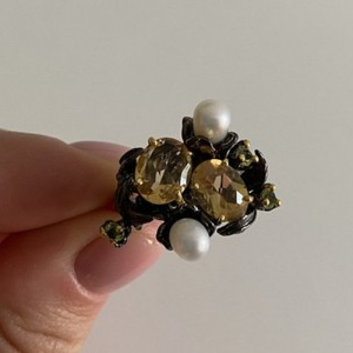 925 Sterling Blackened Silver Citrine, Peridot and Pearls Ring Size 7