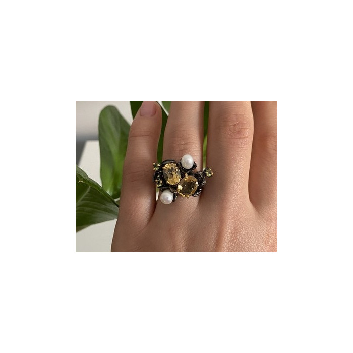 925 Sterling Blackened Silver Citrine, Peridot and Pearls Ring Size 7