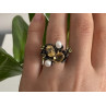 925 Sterling Blackened Silver Citrine, Peridot and Pearls Ring Size 7