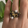 925 Sterling Blackened Silver Citrine, Peridot and Pearls Ring Size 7