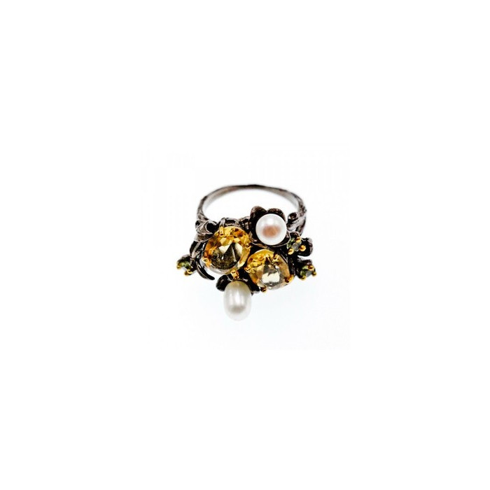 925 Sterling Blackened Silver Citrine, Peridot and Pearls Ring Size 7