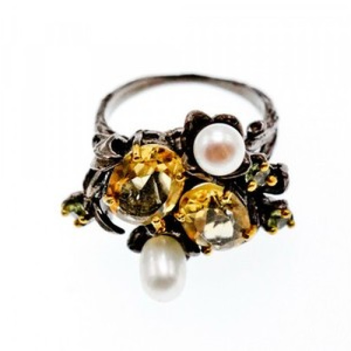 925 Sterling Blackened Silver Citrine, Peridot and Pearls Ring Size 7