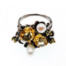 925 Sterling Blackened Silver Citrine, Peridot and Pearls Ring Size 7