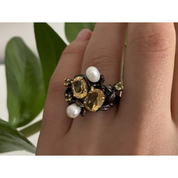 925 Sterling Blackened Silver Citrine, Peridot and Pearls Ring Size 7