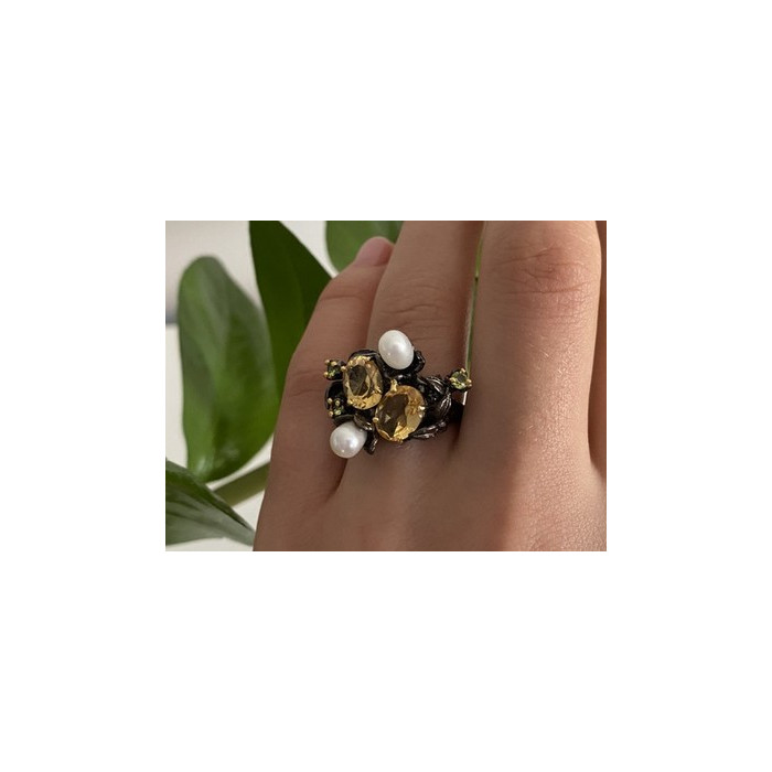 925 Sterling Blackened Silver Citrine, Peridot and Pearls Ring Size 7