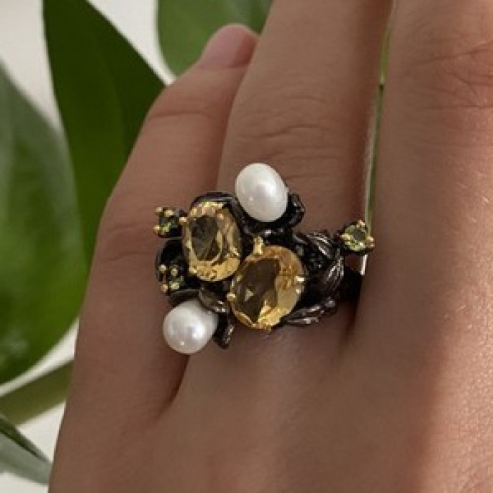 925 Sterling Blackened Silver Citrine, Peridot and Pearls Ring Size 7