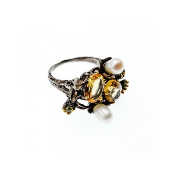925 Sterling Blackened Silver Citrine, Peridot and Pearls Ring Size 7