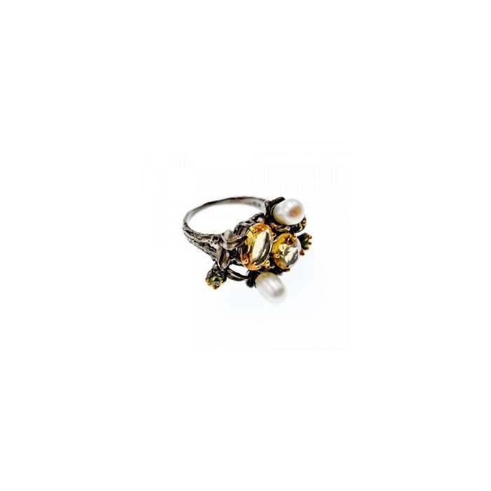 925 Sterling Blackened Silver Citrine, Peridot and Pearls Ring Size 7