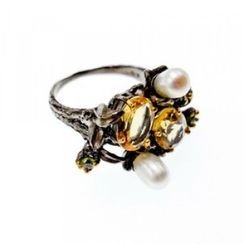 925 Sterling Blackened Silver Citrine, Peridot and Pearls Ring Size 7