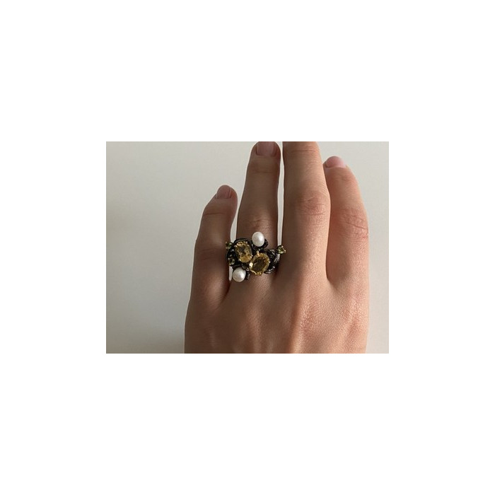 925 Sterling Blackened Silver Citrine, Peridot and Pearls Ring Size 7