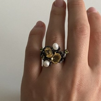 925 Sterling Blackened Silver Citrine, Peridot and Pearls Ring Size 7