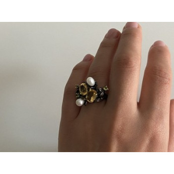 925 Sterling Blackened Silver Citrine, Peridot and Pearls Ring Size 7