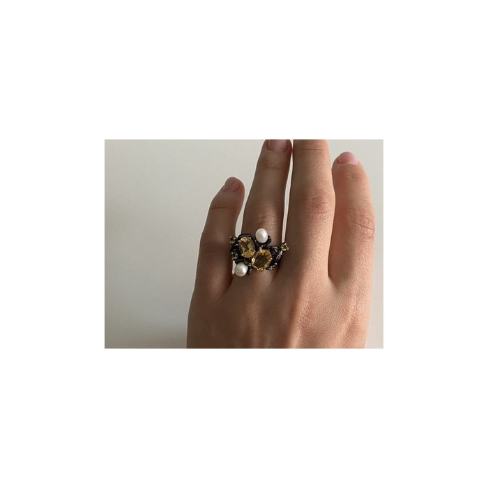 925 Sterling Blackened Silver Citrine, Peridot and Pearls Ring Size 7