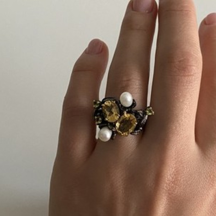 925 Sterling Blackened Silver Citrine, Peridot and Pearls Ring Size 7