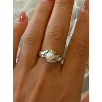925 Sterling Silver Pearl & Cz Ring Size 8.5