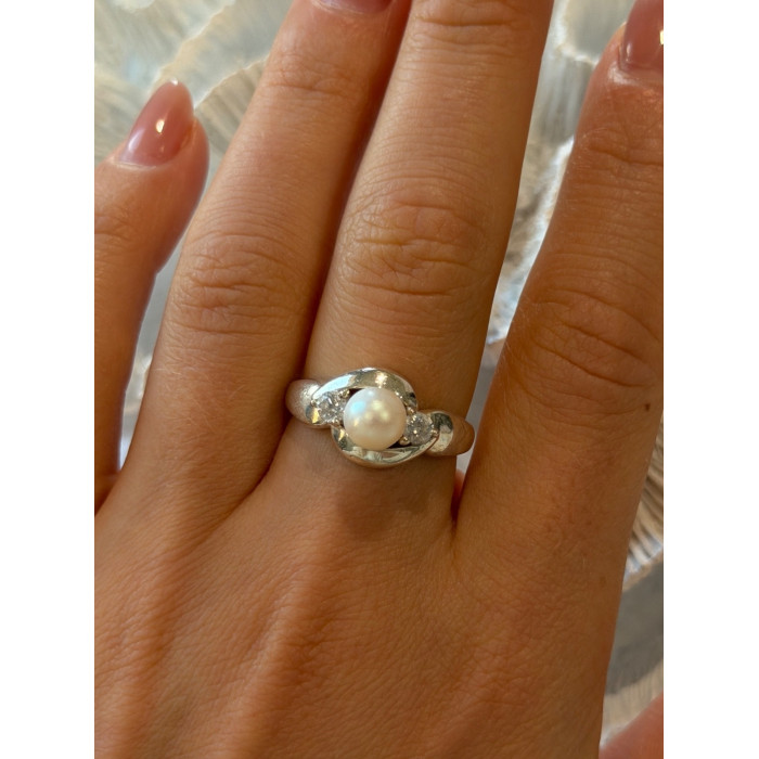 925 Sterling Silver Pearl & Cz Ring Size 8.5