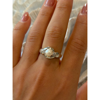 925 Sterling Silver Pearl & Cz Ring Size 8.5