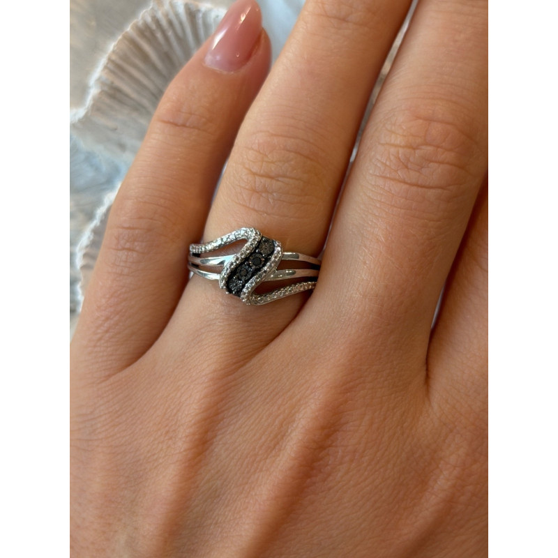 Jwbr 925 Sterling Silver Black & White Diamond Ring Size 7