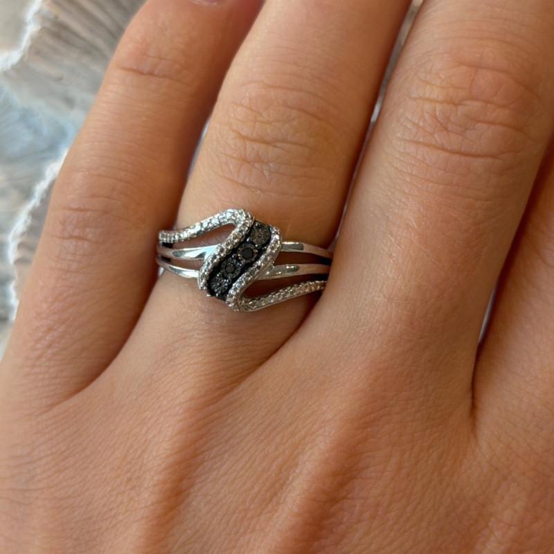 Jwbr 925 Sterling Silver Black & White Diamond Ring Size 7