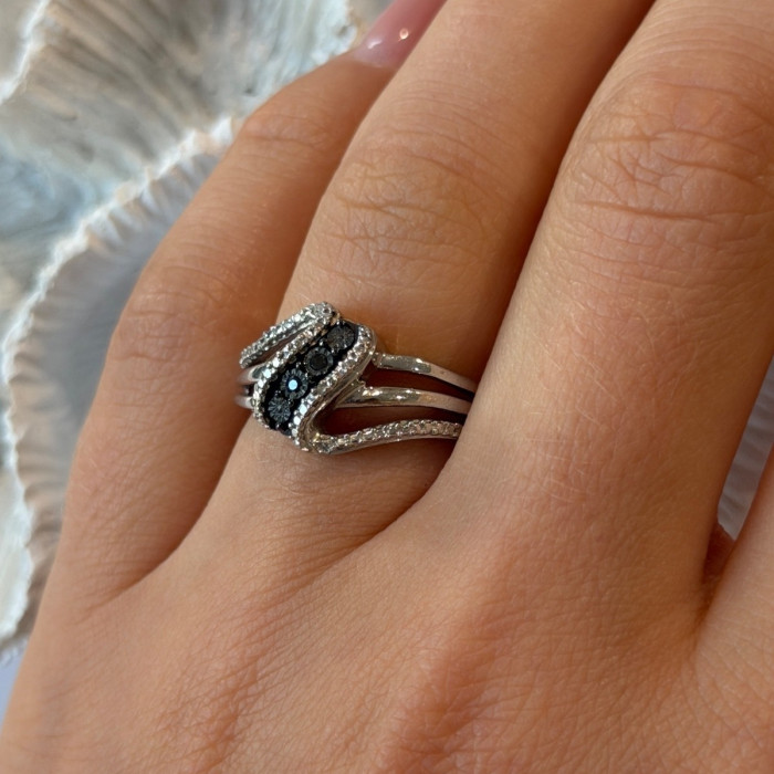 Jwbr 925 Sterling Silver Black & White Diamond Ring Size 7