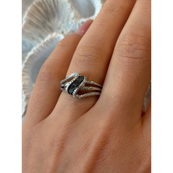 Jwbr 925 Sterling Silver Black & White Diamond Ring Size 7