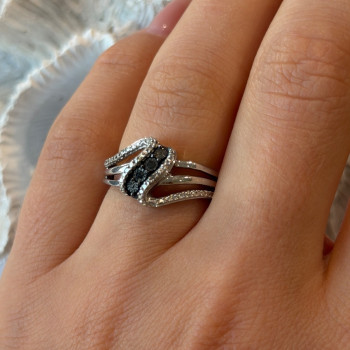 Jwbr 925 Sterling Silver Black & White Diamond Ring Size 7
