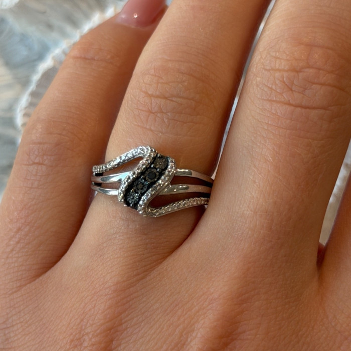 Jwbr 925 Sterling Silver Black & White Diamond Ring Size 7