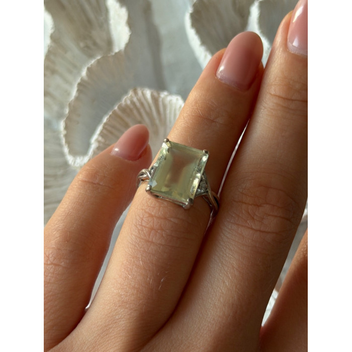 925 Sterling Silver Green Quartz & White Topaz Ring Size 6