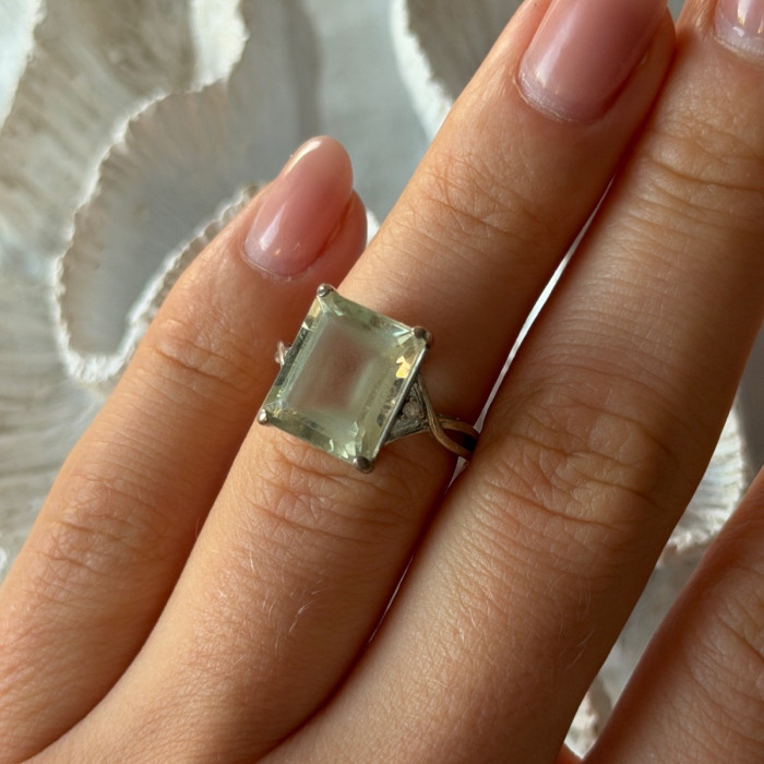 925 Sterling Silver Green Quartz & White Topaz Ring Size 6