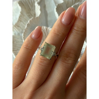 925 Sterling Silver Green Quartz & White Topaz Ring Size 6