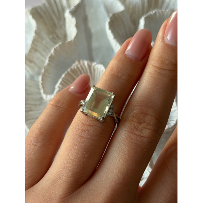 925 Sterling Silver Green Quartz & White Topaz Ring Size 6