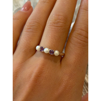 925 Sterling Silver Amethyst & Pearl Ring Size 11