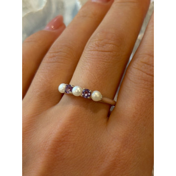 925 Sterling Silver Amethyst & Pearl Ring Size 11
