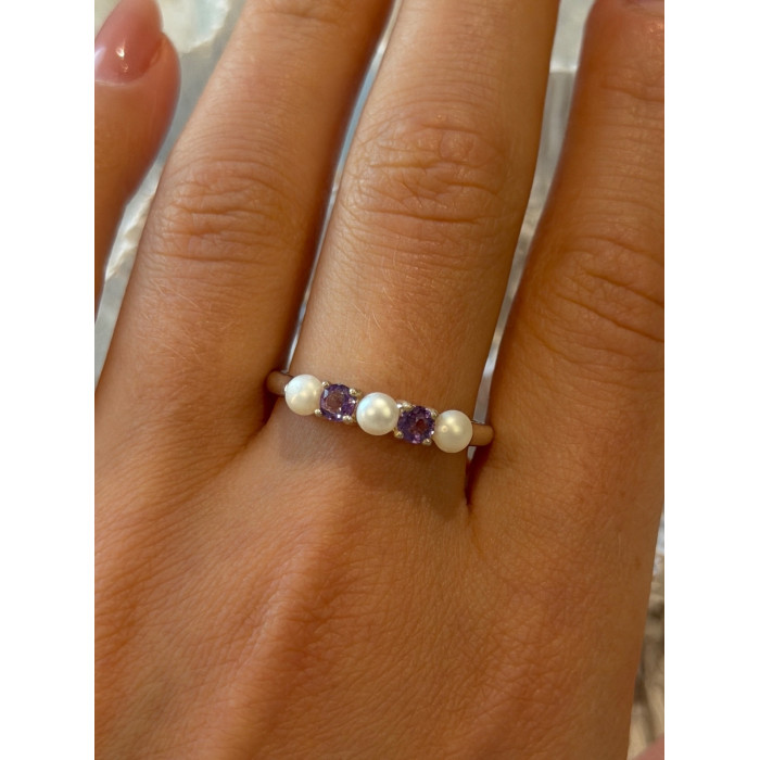 925 Sterling Silver Amethyst & Pearl Ring Size 11
