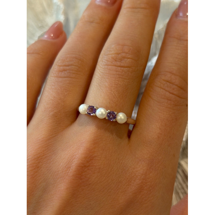 925 Sterling Silver Amethyst & Pearl Ring Size 11