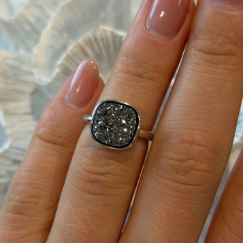 925 Sterling Silver Black Druzy Quartz Ring Size 5
