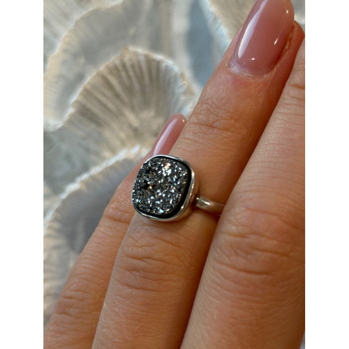 925 Sterling Silver Black Druzy Quartz Ring Size 5