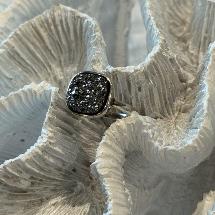 925 Sterling Silver Black Druzy Quartz Ring Size 5