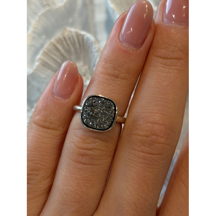 925 Sterling Silver Black Druzy Quartz Ring Size 5