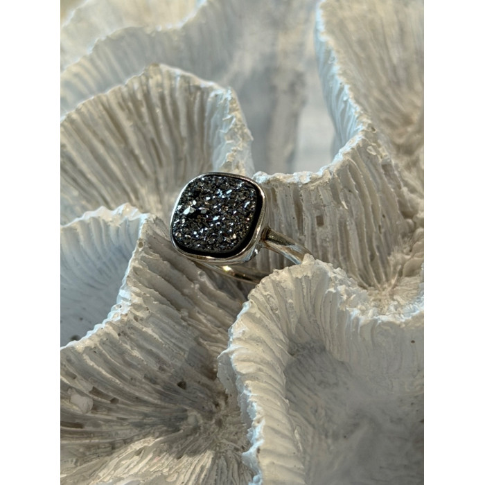 925 Sterling Silver Black Druzy Quartz Ring Size 5